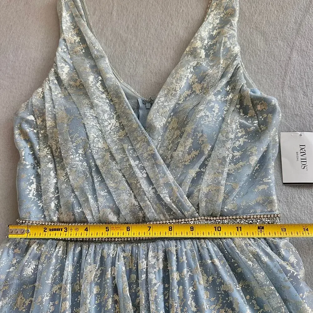 Teeze Me Metallic Foil Pleated V-Neck Gown From David's Bridal Light Blue Sz 5 - Picture 15 of 16